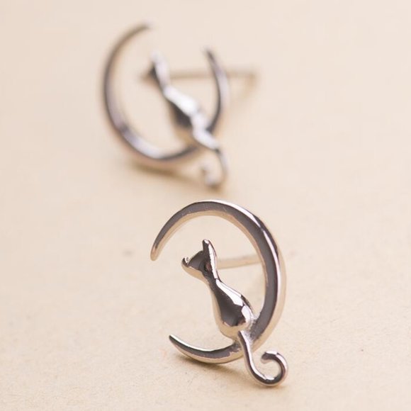 NEW 925 Sterling Silver Cat Moon Earrings - Picture 5 of 6